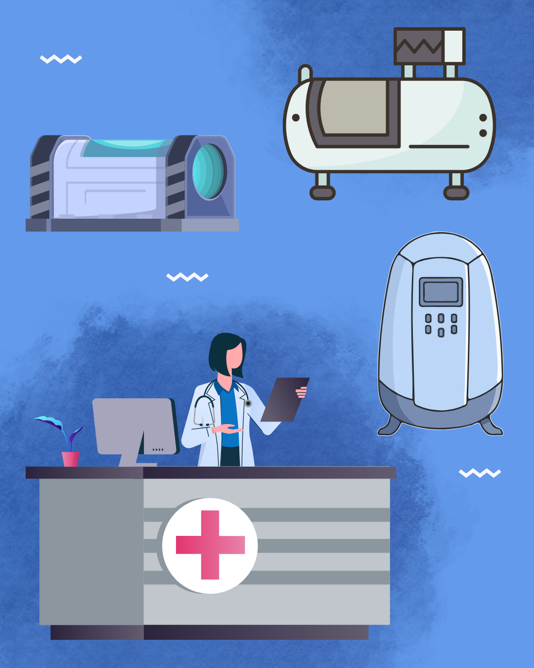 Illustration of hyperbaric chambers, an oxygen concentrator, and a doctor at a reception desk